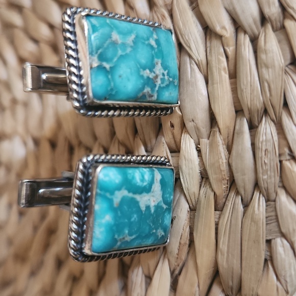 Rare NWOT Native American Handmade Whitewater Turquoise Men's Cufflinks 💙🖤🎁 - Picture 8 of 11